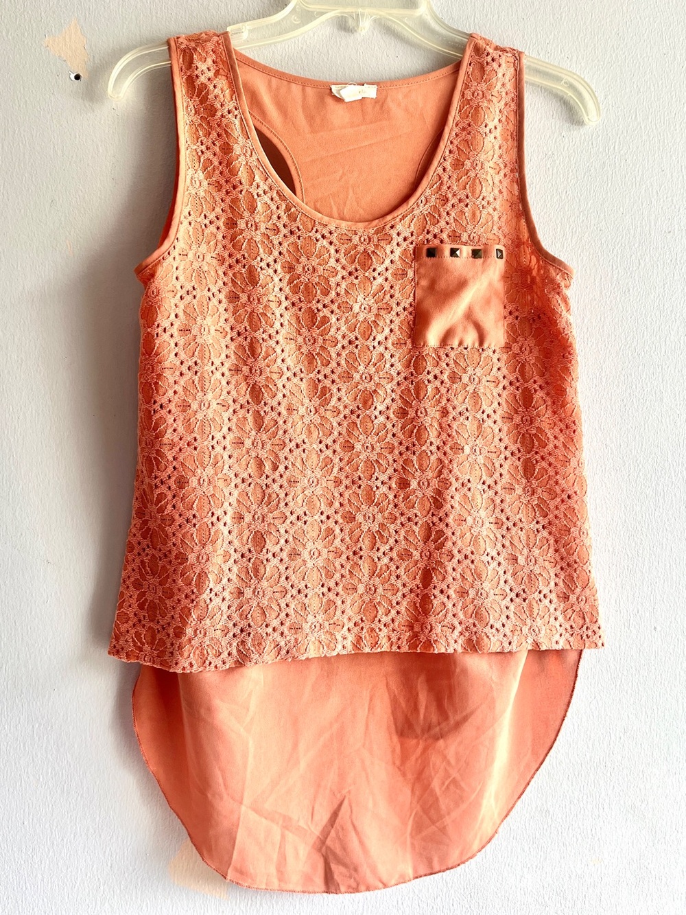 Pearl Women's Small Salmon Peach Racerback Top Lacy Overlay High Low Hem